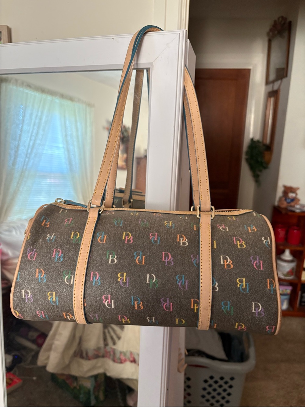 Dooney & Bourke Multicolor Logo Barrel Shoulder Bag - Brown with Tan Trim
